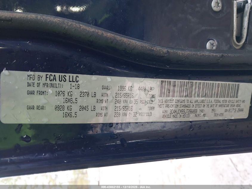 2018 Jeep Compass Sport Fwd VIN: 3C4NJCAB9JT286889 Lot: 43882155