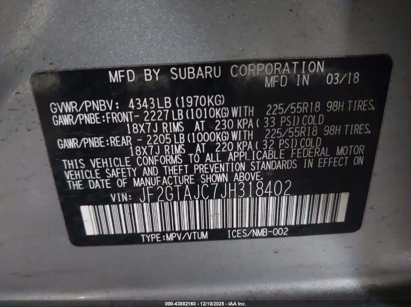 2018 Subaru Crosstrek 2.0I Limited VIN: JF2GTAJC7JH318402 Lot: 43882160