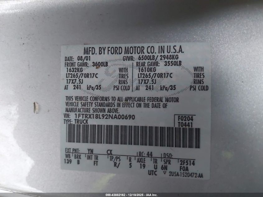 2002 Ford F-150 Lariat/Xl/Xlt VIN: 1FTRX18L92NA00690 Lot: 43882162