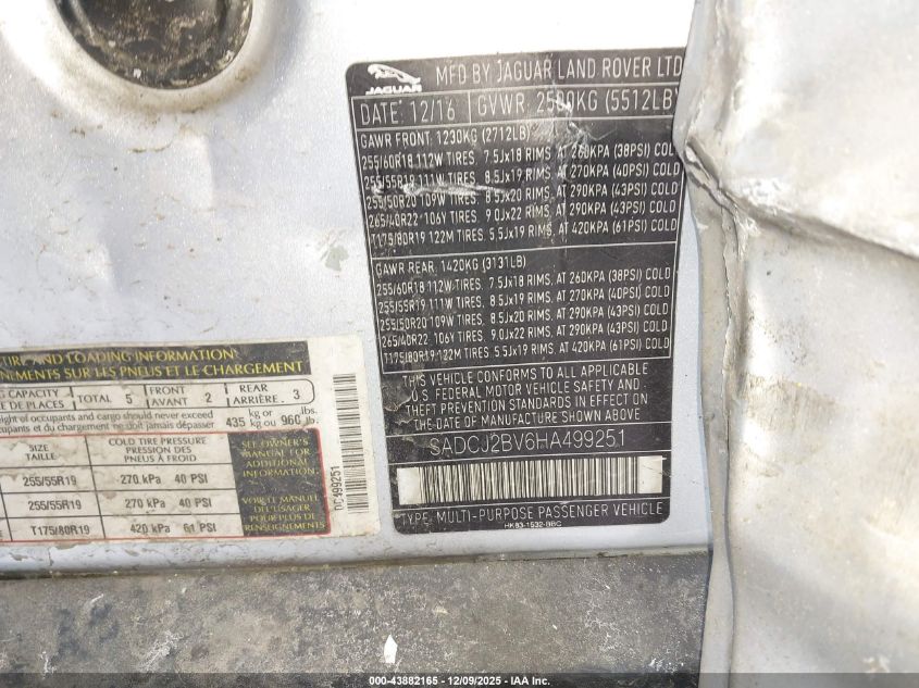 2017 Jaguar F-Pace 35T Premium VIN: SADCJ2BV6HA499251 Lot: 43882165