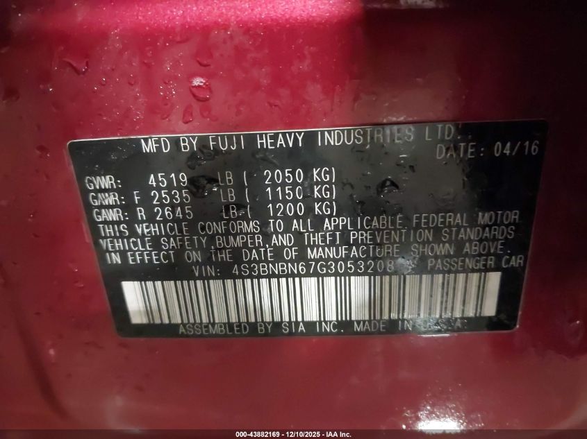 2016 Subaru Legacy 2.5I Limited VIN: 4S3BNBN67G3053208 Lot: 43882169