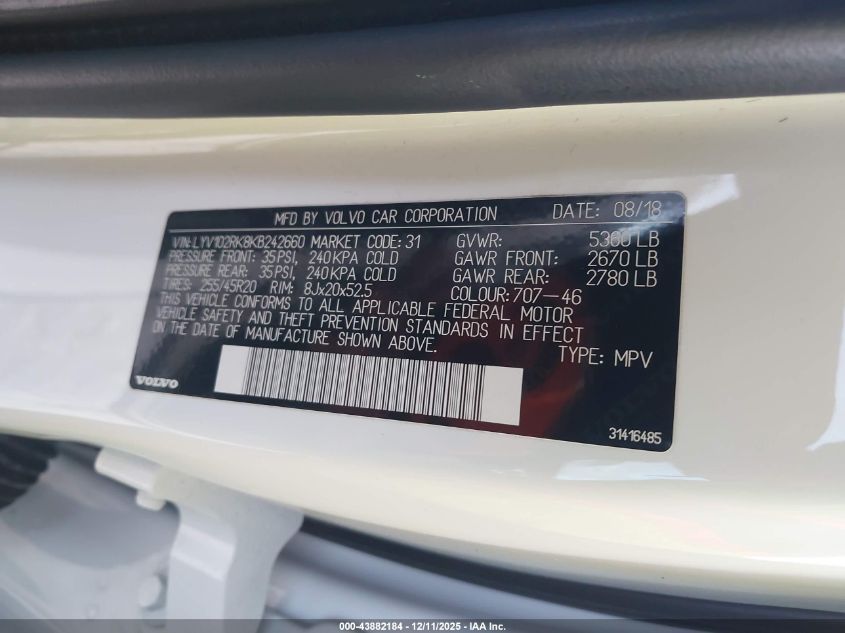 2019 Volvo Xc60 T5 Momentum VIN: LYV102RK8KB242660 Lot: 43882184