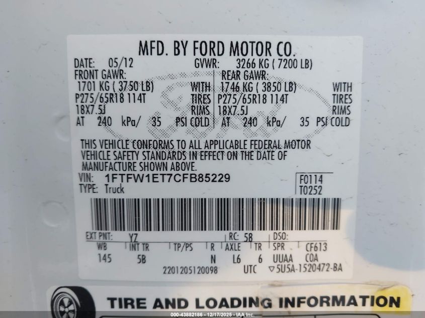 2012 Ford F-150 Fx4 VIN: 1FTFW1ET7CFB85229 Lot: 43882186