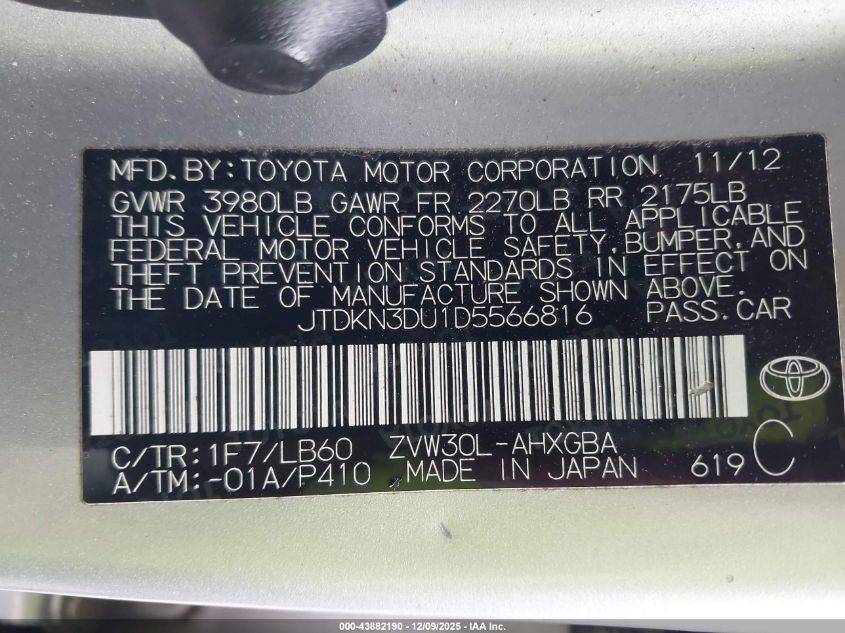 2013 Toyota Prius Five VIN: JTDKN3DU1D5566816 Lot: 43882190
