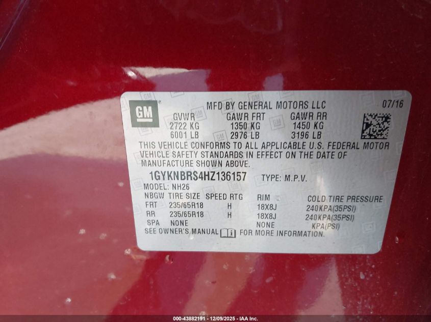 2017 Cadillac Xt5 Luxury VIN: 1GYKNBRS4HZ136157 Lot: 43882191