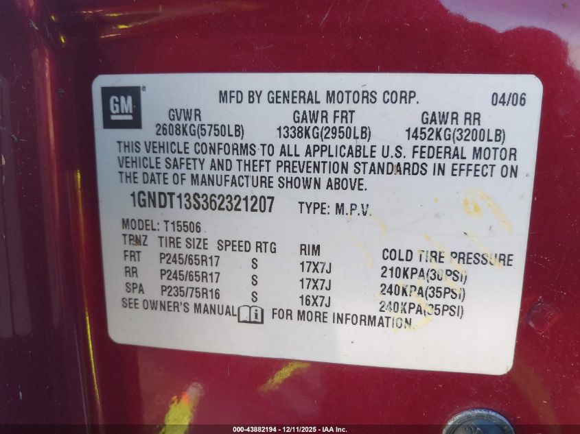 2006 Chevrolet Trailblazer Lt VIN: 1GNDT13S362321207 Lot: 43882194