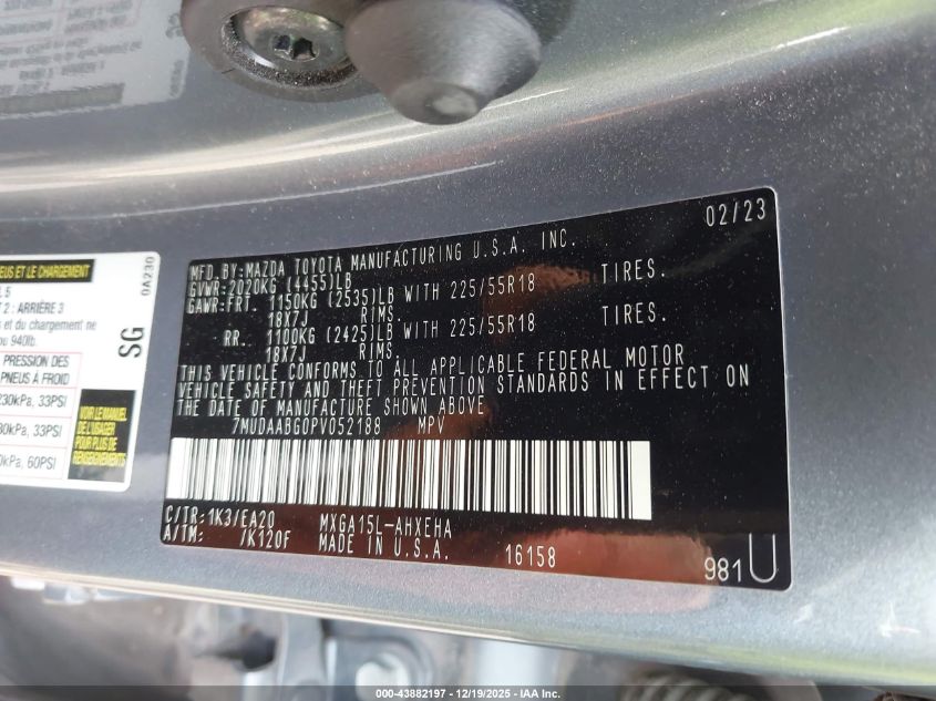 2023 Toyota Corolla Cross Xle VIN: 7MUDAABG0PV052188 Lot: 43882197