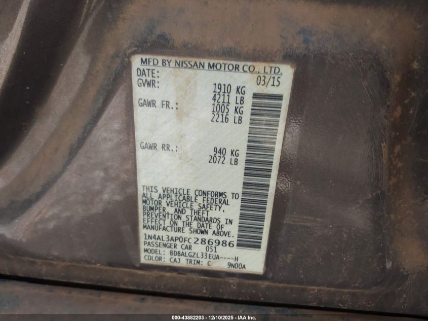 2015 Nissan Altima 2.5 S VIN: 1N4AL3AP0FC286986 Lot: 43882203