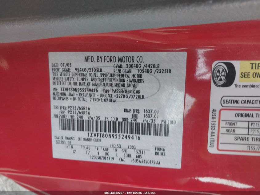 2005 Ford Mustang V6 Deluxe/V6 Premium VIN: 1ZVFT80N955249416 Lot: 43882207