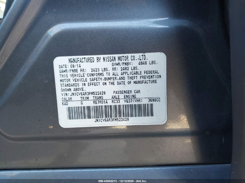 2015 Infiniti Q40 VIN: JN1CV6AR3FM522429 Lot: 43882213