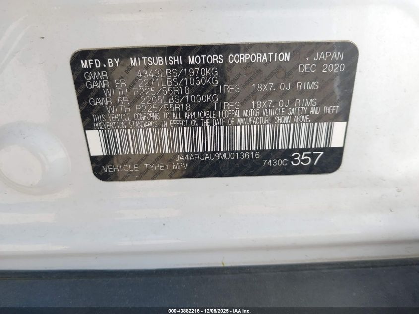 2021 Mitsubishi Outlander Sport 2.0 Be Awc/2.0 Es Awc/2.0 Le Awc/2.0 Se Awc VIN: JA4ARUAU9MU013616 Lot: 43882216