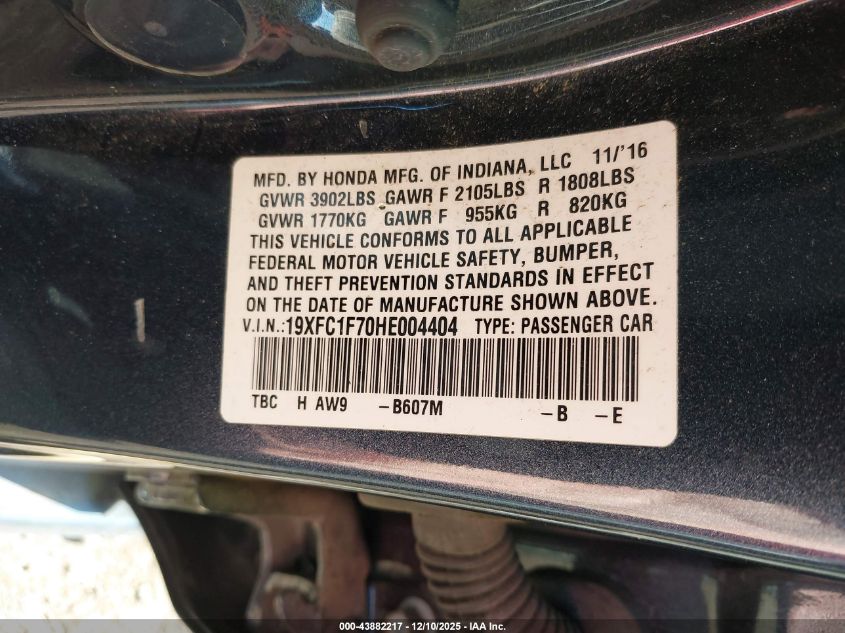 2017 Honda Civic Ex-L VIN: 19XFC1F70HE004404 Lot: 43882217