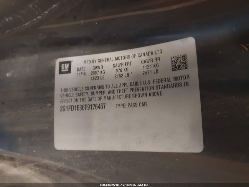 2015 Chevrolet Camaro 1Lt VIN: 2G1FD1E36F9176467 Lot: 43882218