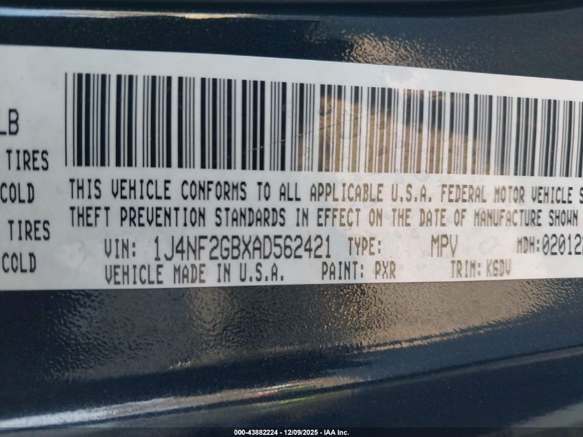 2010 Jeep Patriot Sport VIN: 1J4NF2GBXAD562421 Lot: 43882224
