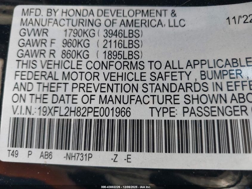 2023 Honda Civic Sport VIN: 19XFL2H82PE001966 Lot: 43882226
