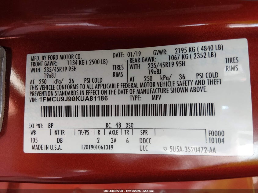 1FMCU9J90KUA81186 2019 FORD ESCAPE photo no. 9