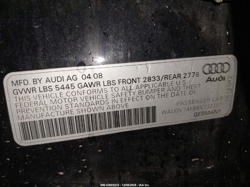 2008 Audi A6 4.2 VIN: WAUDV74F58N132127 Lot: 43882233