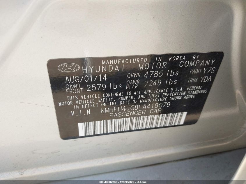 2014 Hyundai Azera Limited VIN: KMHFH4JG8EA418079 Lot: 43882235