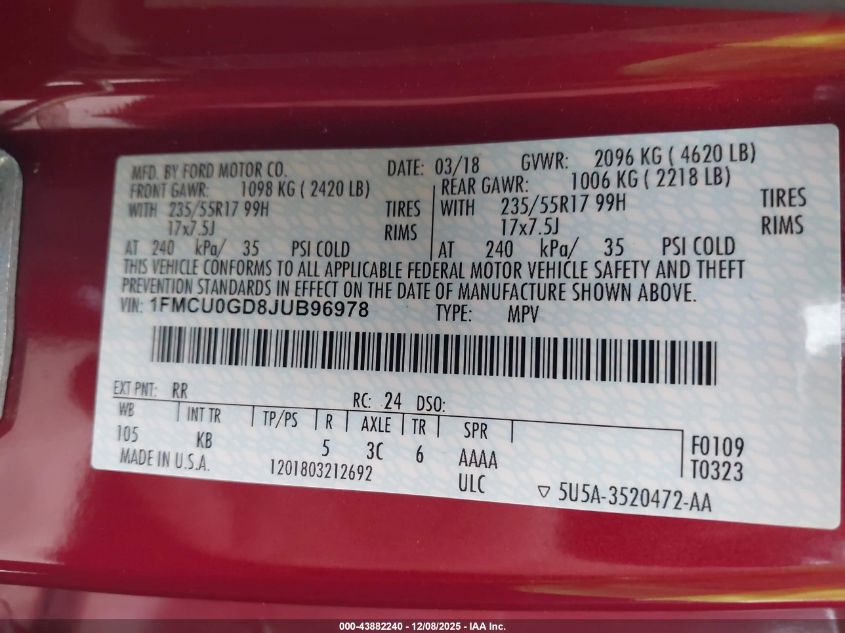 2018 Ford Escape Se VIN: 1FMCU0GD8JUB96978 Lot: 43882240