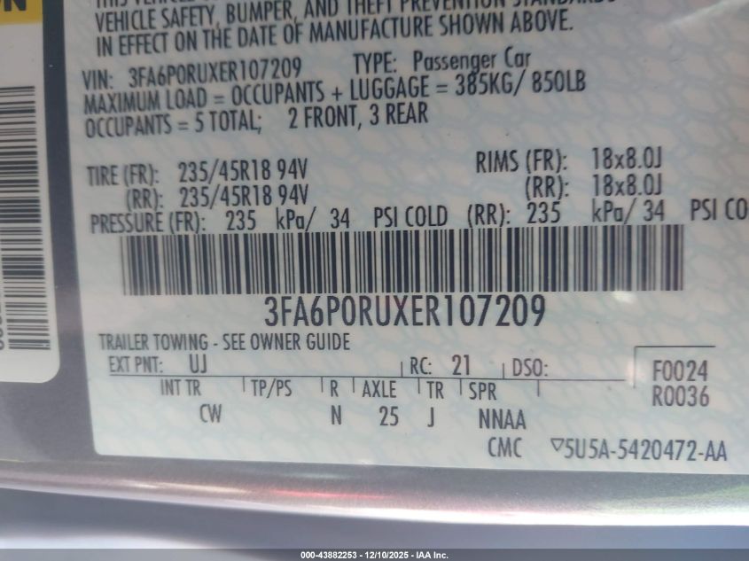 2014 Ford Fusion Hybrid Titanium VIN: 3FA6P0RUXER107209 Lot: 43882253