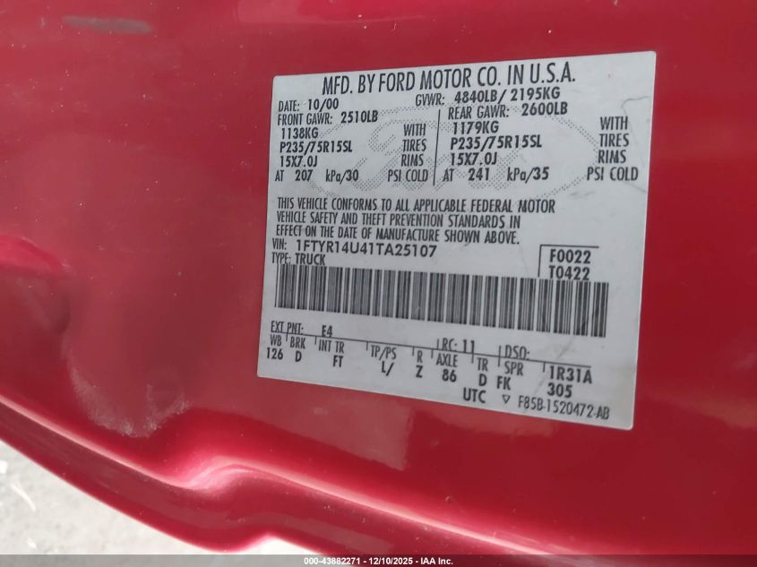 2001 Ford Ranger Edge/Xl/Xlt VIN: 1FTYR14U41TA25107 Lot: 43882271