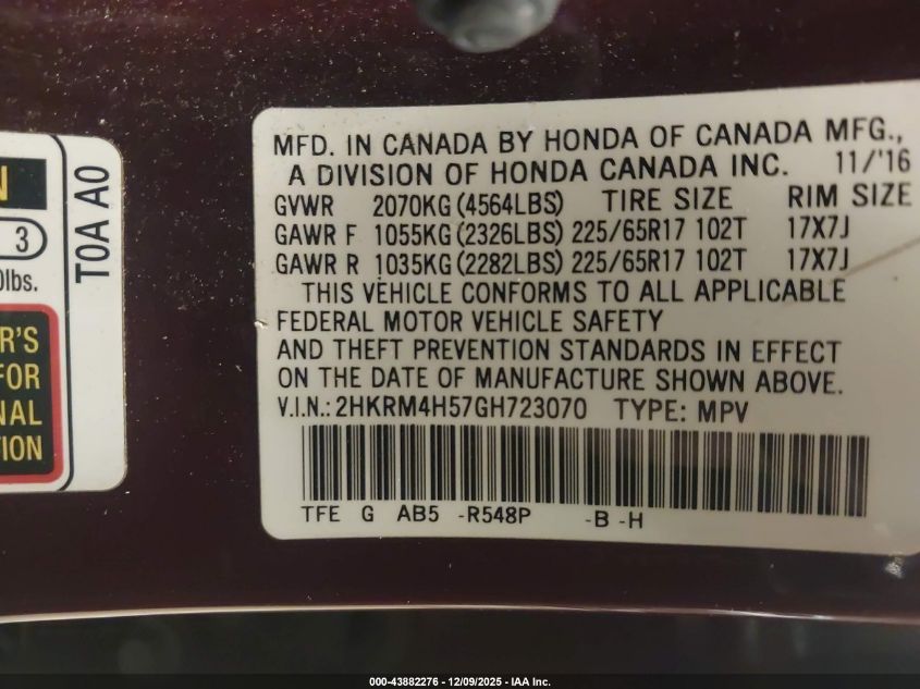 2016 Honda Cr-V Ex VIN: 2HKRM4H57GH723070 Lot: 43882276