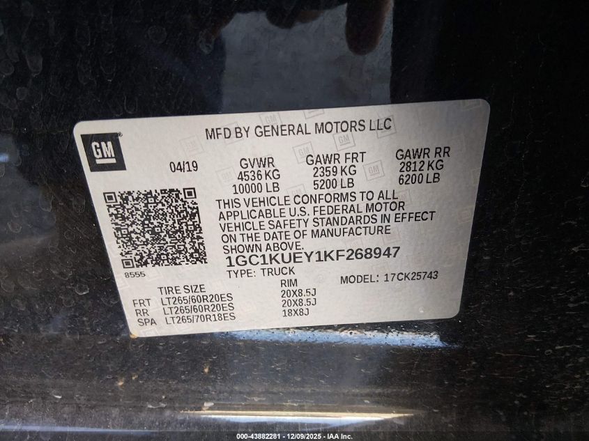 2019 Chevrolet Silverado 2500Hd High Country VIN: 1GC1KUEY1KF268947 Lot: 43882281