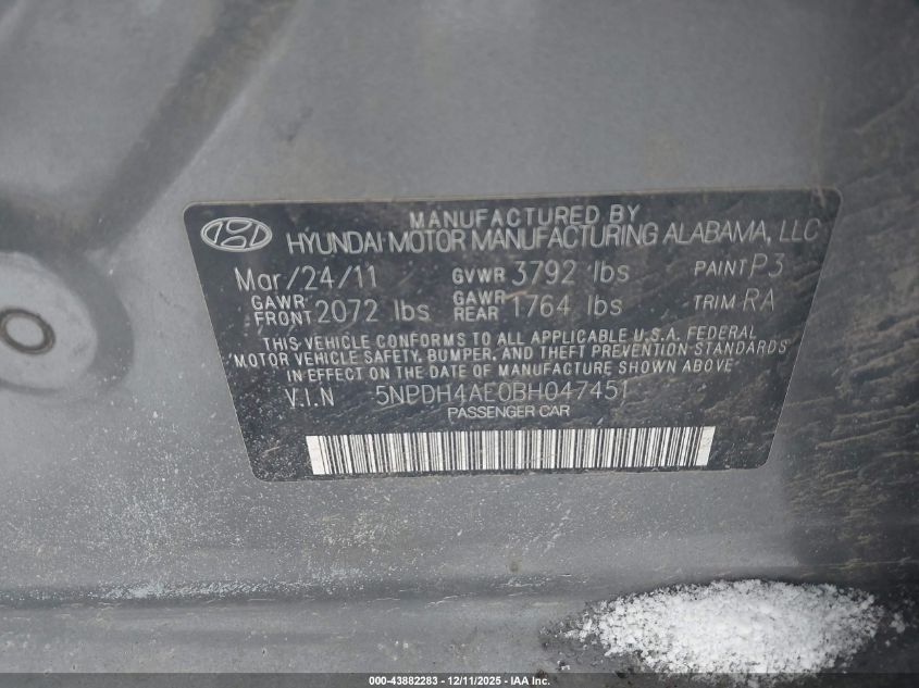 2011 Hyundai Elantra Gls VIN: 5NPDH4AE0BH047451 Lot: 43882283