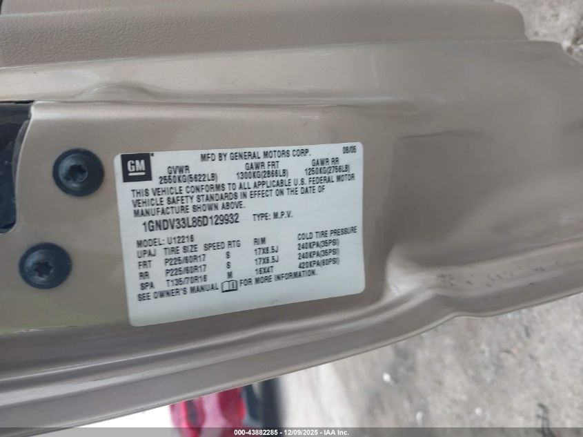 2006 Chevrolet Uplander Lt VIN: 1GNDV33L86D129932 Lot: 43882285