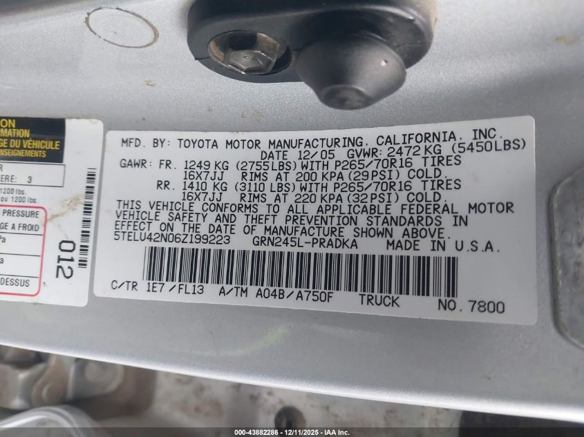 2006 Toyota Tacoma Base V6 VIN: 5TELU42N06Z199223 Lot: 43882286