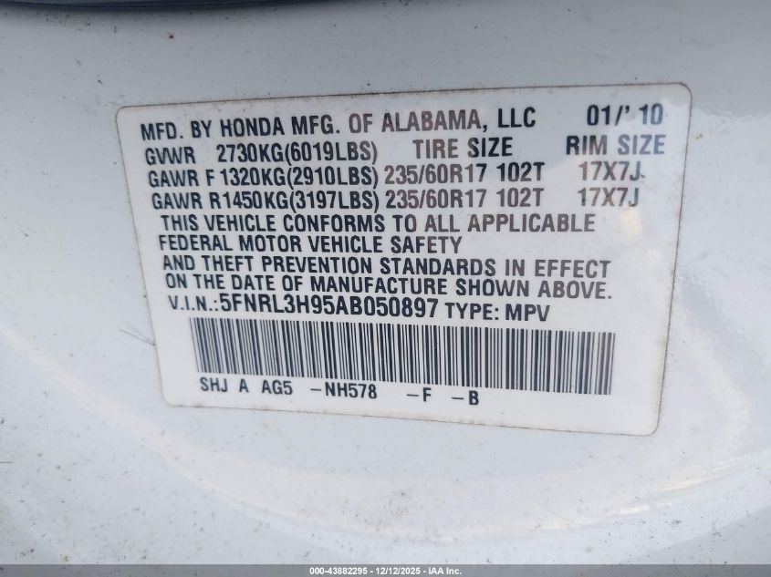 2010 Honda Odyssey Touring VIN: 5FNRL3H95AB050897 Lot: 43882295
