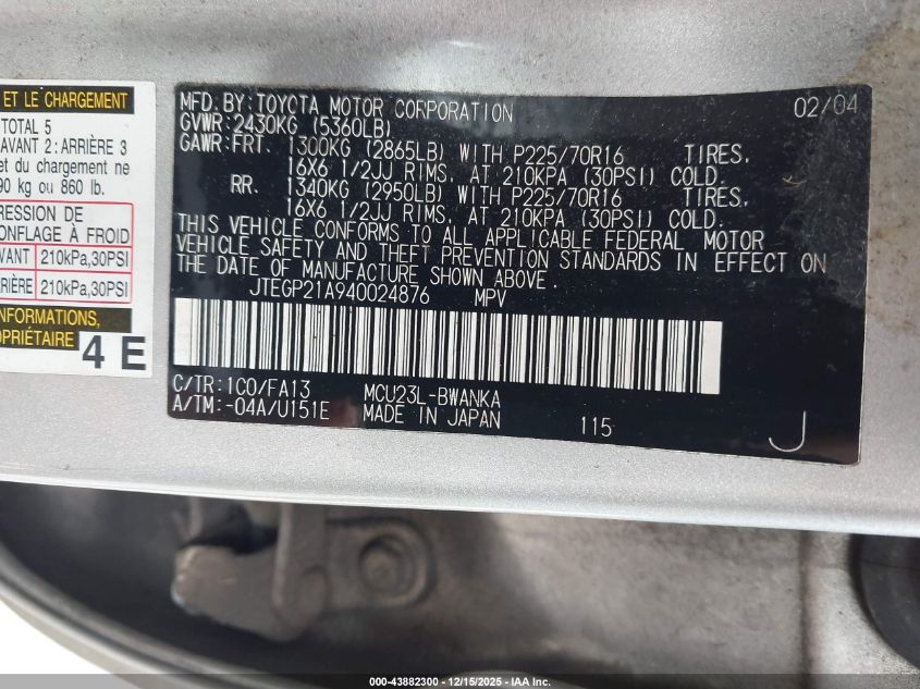 2004 Toyota Highlander Limited V6/V6 VIN: JTEGP21A940024876 Lot: 43882300