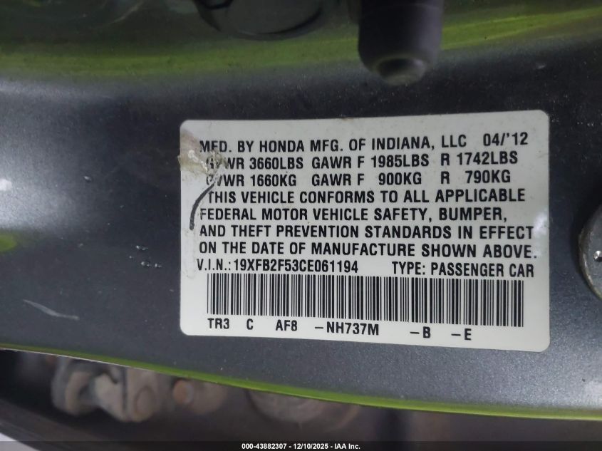 2012 Honda Civic Lx VIN: 19XFB2F53CE061194 Lot: 43882307