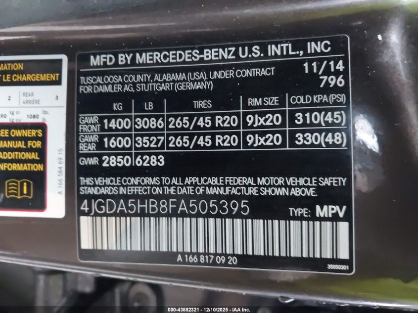 2015 Mercedes-Benz Ml 350 4Matic VIN: 4JGDA5HB8FA505395 Lot: 43882321