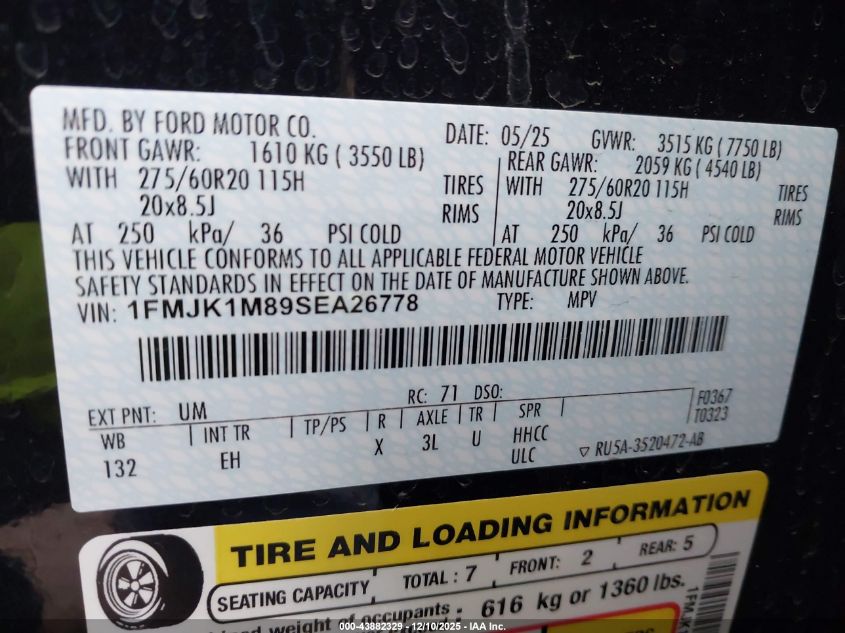 2025 Ford Expedition Platinum Max VIN: 1FMJK1M89SEA26778 Lot: 43882329