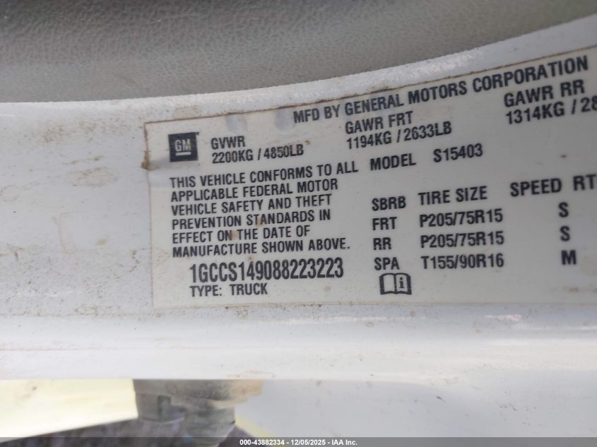 2008 Chevrolet Colorado Work Truck VIN: 1GCCS149088223223 Lot: 43882334