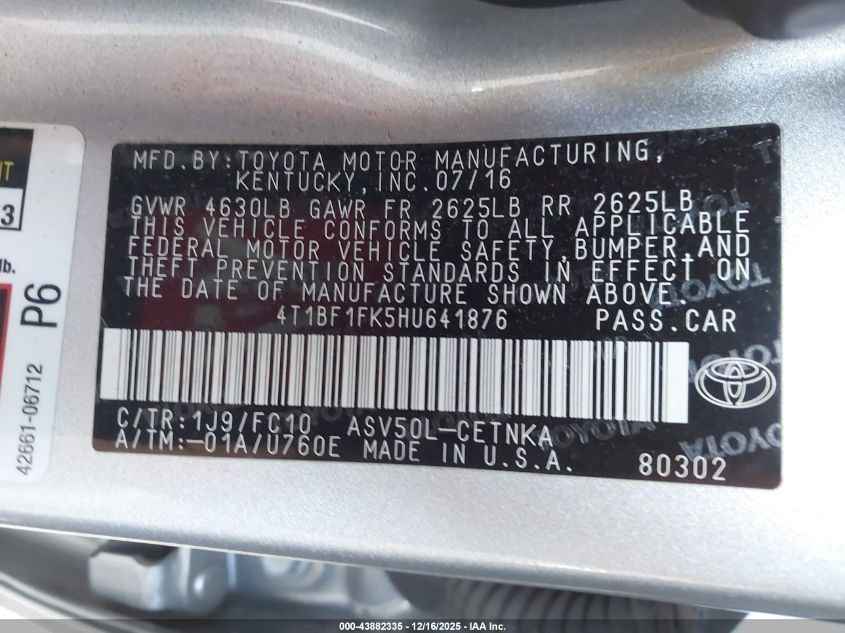 2017 Toyota Camry Le VIN: 4T1BF1FK5HU641876 Lot: 43882335