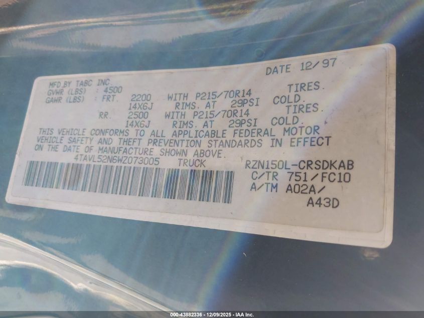 1998 Toyota Tacoma Xtracab VIN: 4TAVL52N6WZ073005 Lot: 43882336