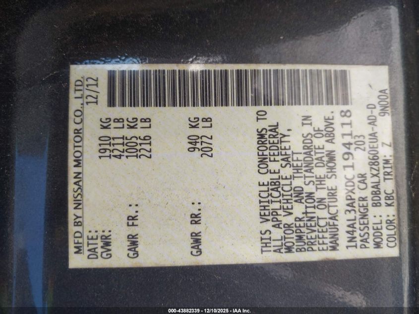 2013 Nissan Altima 2.5 Sl VIN: 1N4AL3APXDC194118 Lot: 43882339