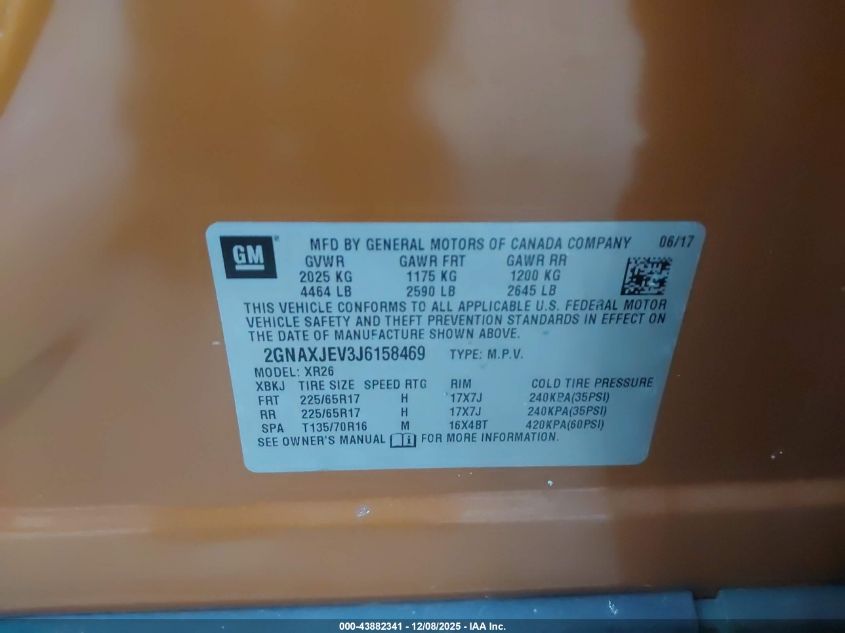 2018 Chevrolet Equinox Lt VIN: 2GNAXJEV3J6158469 Lot: 43882341