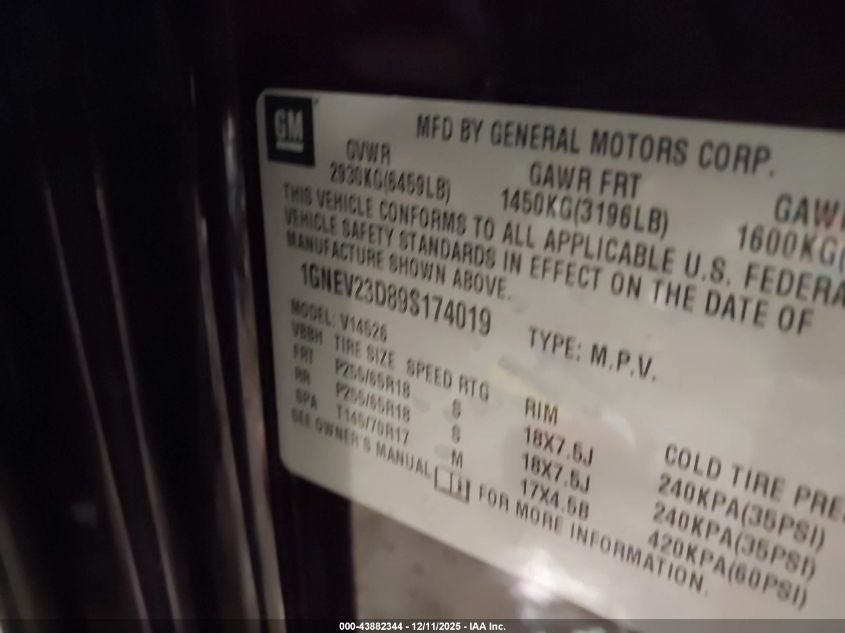 2009 Chevrolet Traverse Lt VIN: 1GNEV23D89S174019 Lot: 43882344