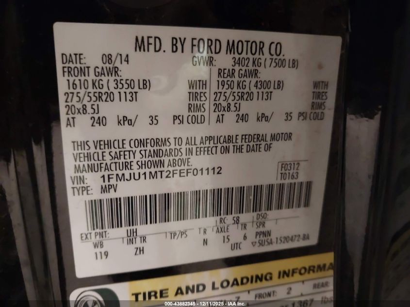 2015 Ford Expedition Platinum VIN: 1FMJU1MT2FEF01112 Lot: 43882345