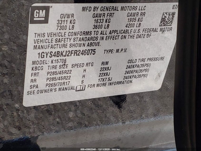 2015 Cadillac Escalade Luxury VIN: 1GYS4BKJ2FR246075 Lot: 43882348