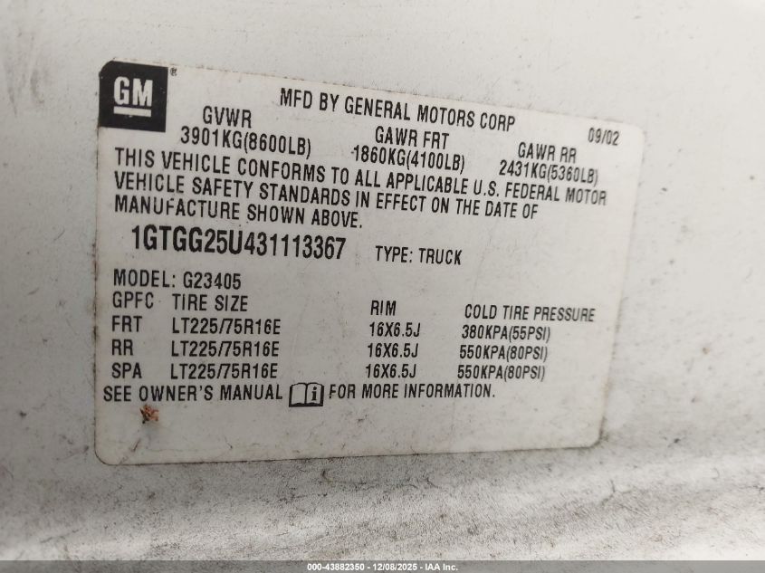 2003 GMC Savana Standard VIN: 1GTGG25U431113367 Lot: 43882350