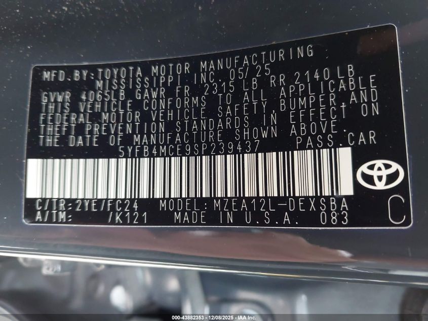 2025 Toyota Corolla Fx VIN: 5YFB4MCE9SP239437 Lot: 43882353