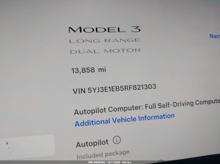 2024 Tesla Model 3 Long Range Dual Motor All-Wheel Drive VIN: 5YJ3E1EB5RF821303 Lot: 43882354