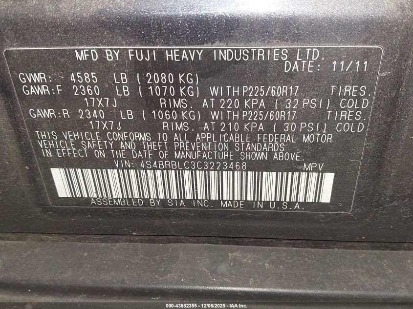 2012 Subaru Outback 2.5I Limited VIN: 4S4BRBLC3C3223468 Lot: 43882355