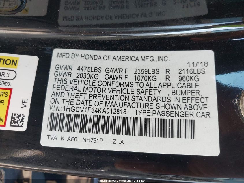 2019 Honda Accord Sport VIN: 1HGCV1F34KA012818 Lot: 43882356