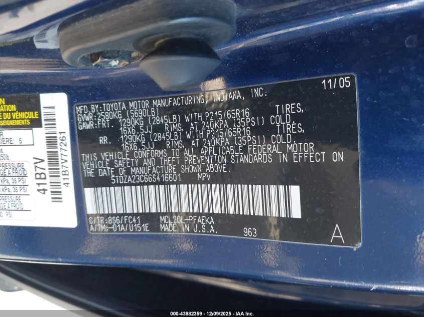 2006 Toyota Sienna Le VIN: 5TDZA23C66S416601 Lot: 43882359