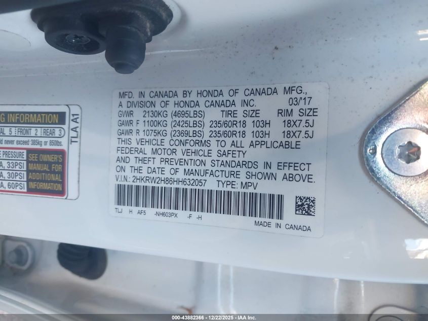 2017 Honda Cr-V Ex-L/Ex-L Navi VIN: 2HKRW2H86HH632057 Lot: 43882366